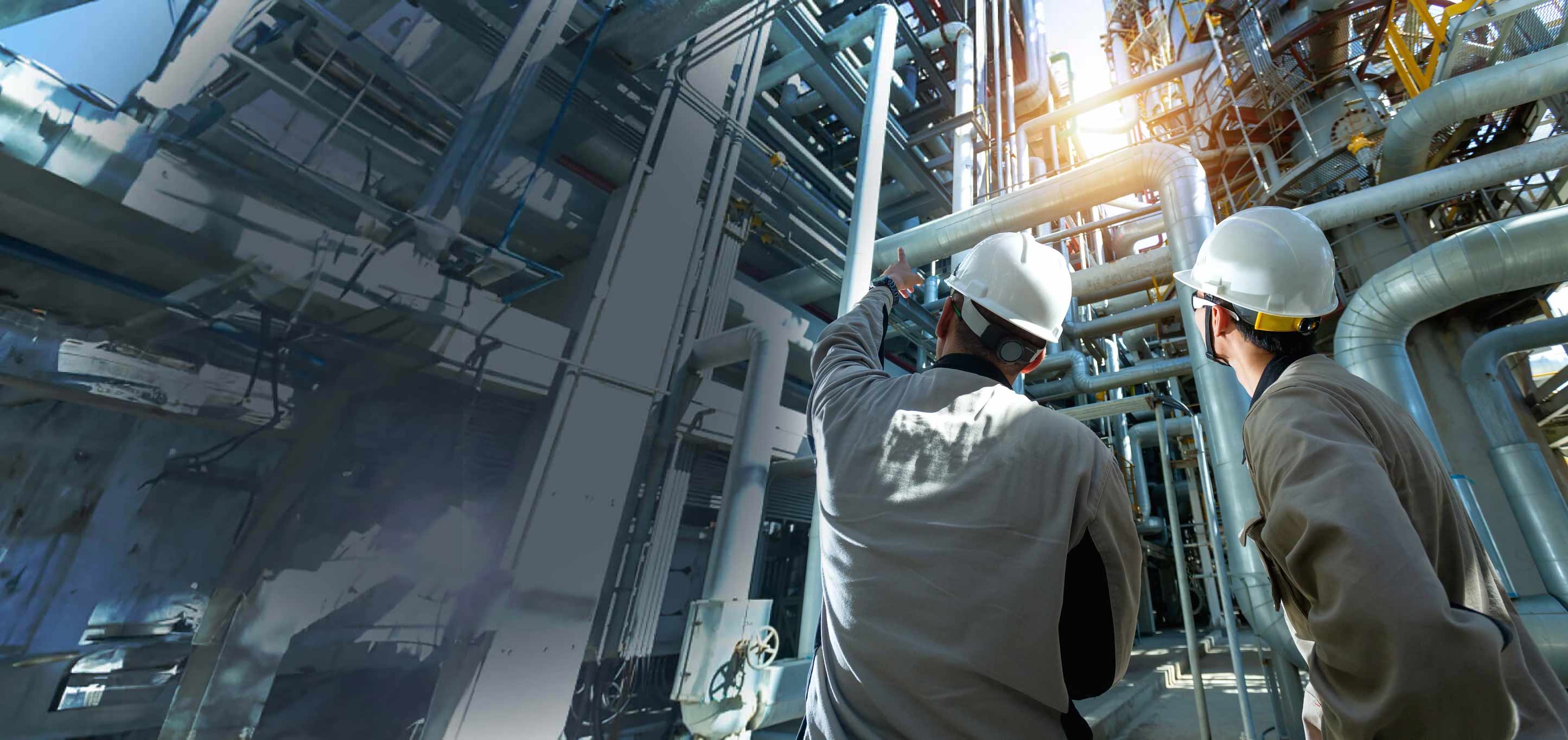 Technicians monitoring our flow control solutions. , Pumps are a main part of our flow control solutions.